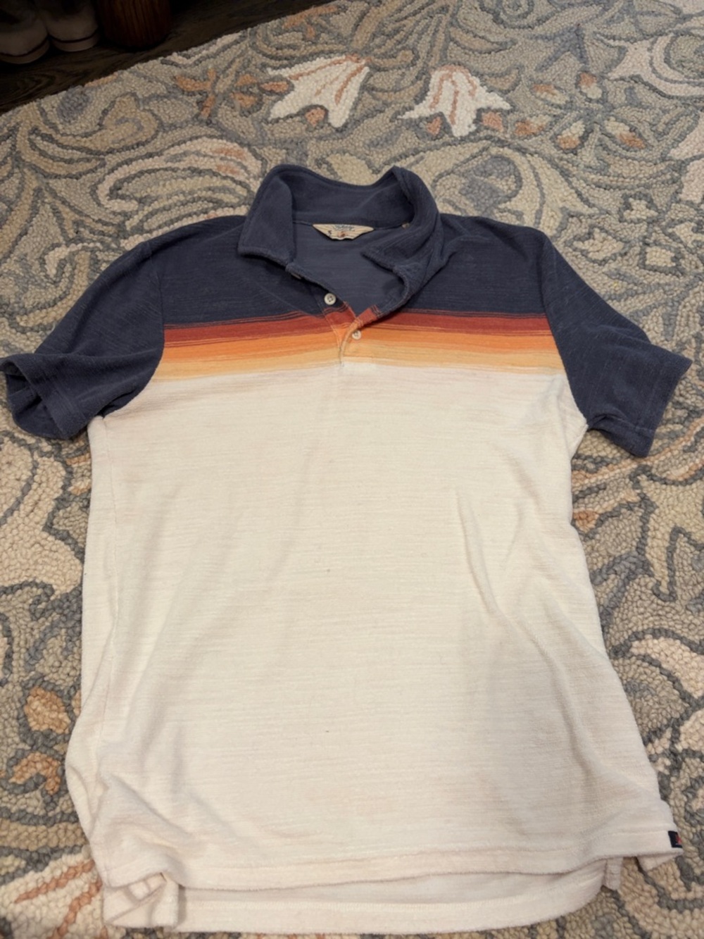 Faherty Navy Polo with Orange Gradient Stripe and Cream Body